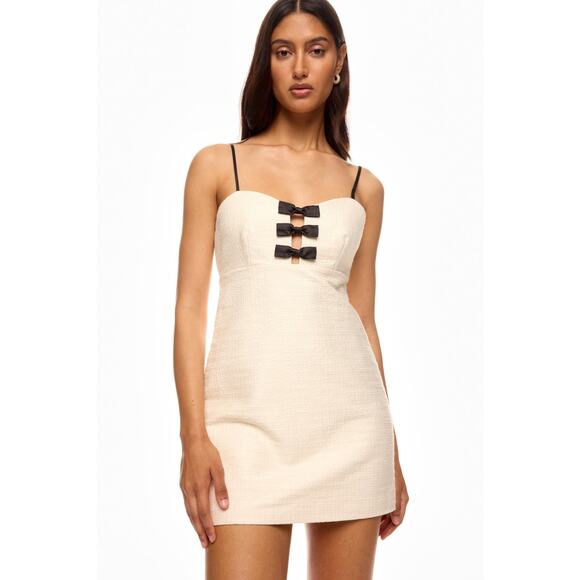 LoveShackFancy Adelaide Tweed Bow Mini Dress Ivory Black Sleeveless Sz 10 - Picture 6 of 16